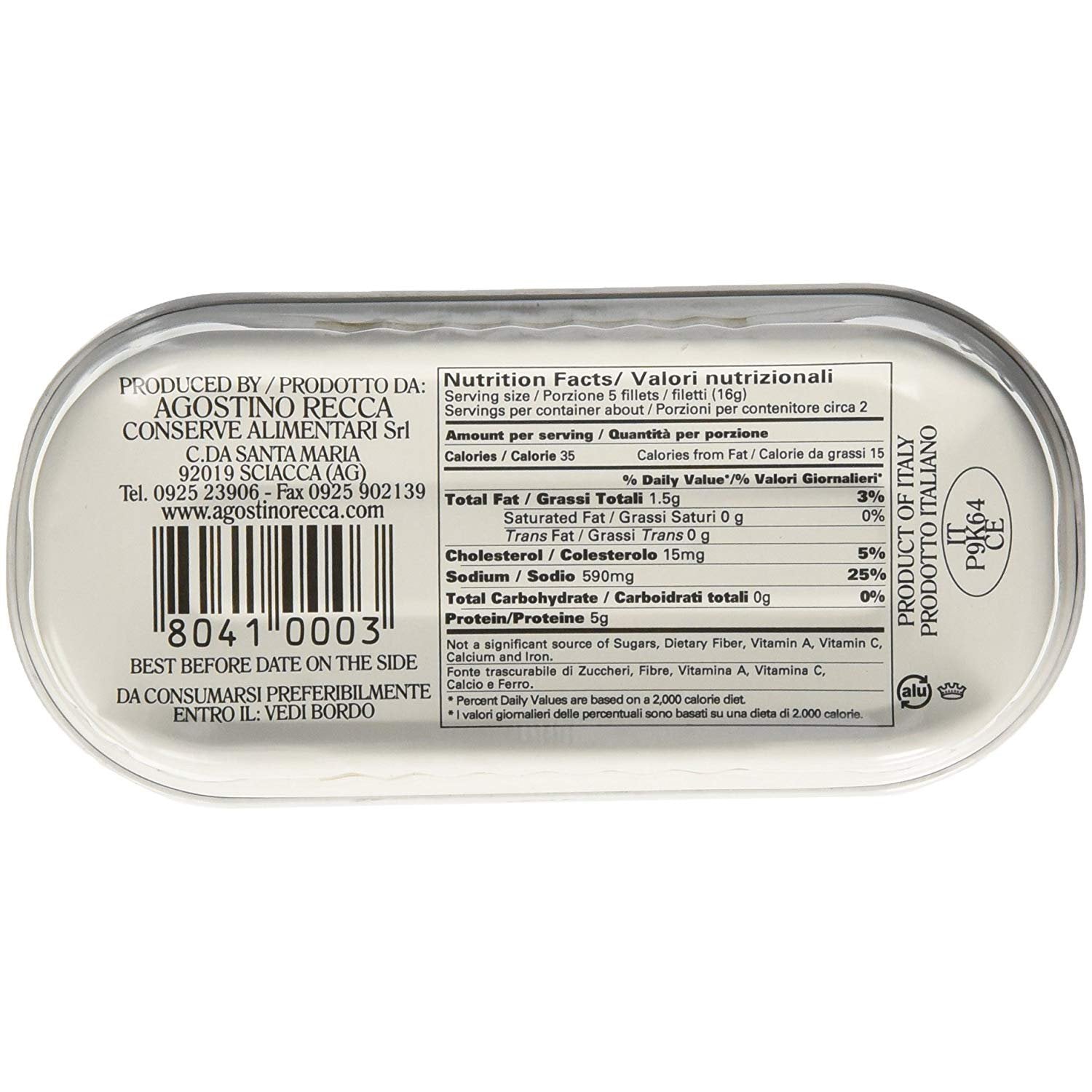 Agostino Recca Flat Fillets of Anchovies in pure Olive Oil, 56g