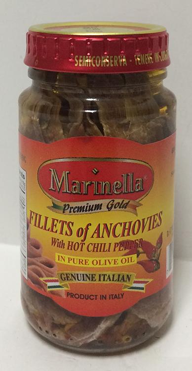 Marinella Anchovies with Hot Chili Pepper in Olive Oil, 140g jar