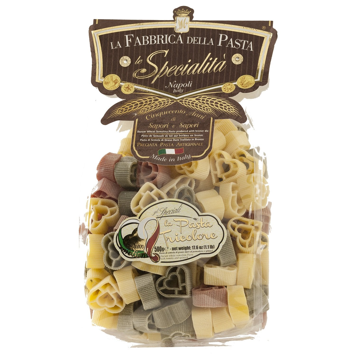 La Fabbrica Della Pasta Heart Shape, Cuori Tricolor Pasta, 17.6 oz | 500gr